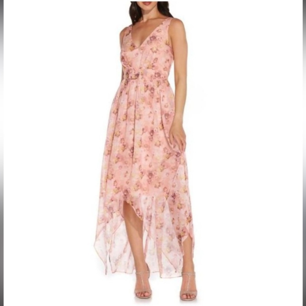 Adrianna Papell Pink Floral Tie Waist High to Low Hem Asymmetrical Hem Dress 12